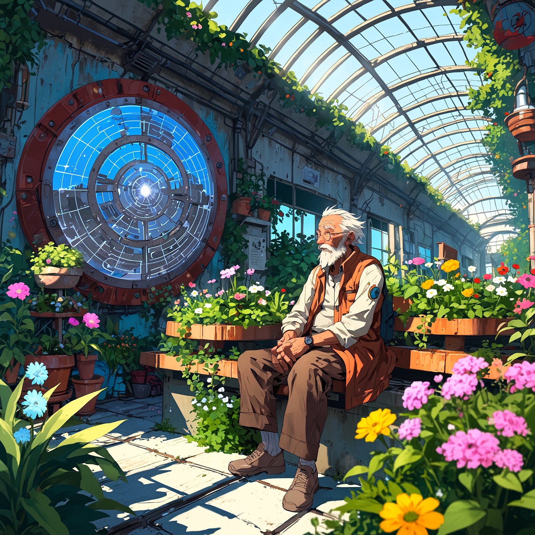 digital (futuriste/solarpunk) garden with a French old man